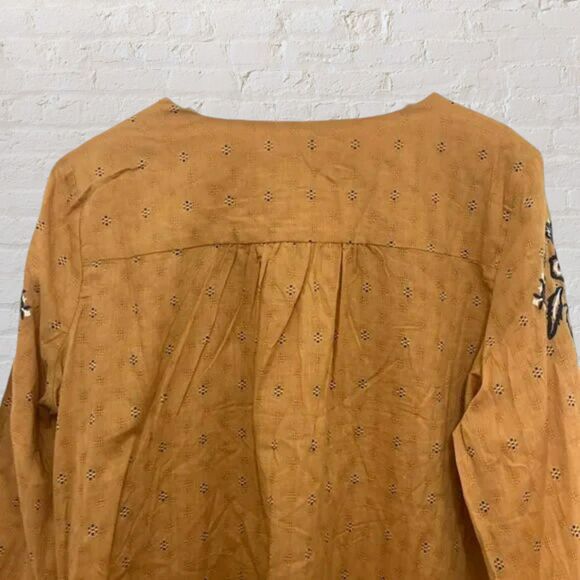 Dressbarn L Mustard Boho Embroidered Peasant Blouse Tassel - Picture 5 of 11